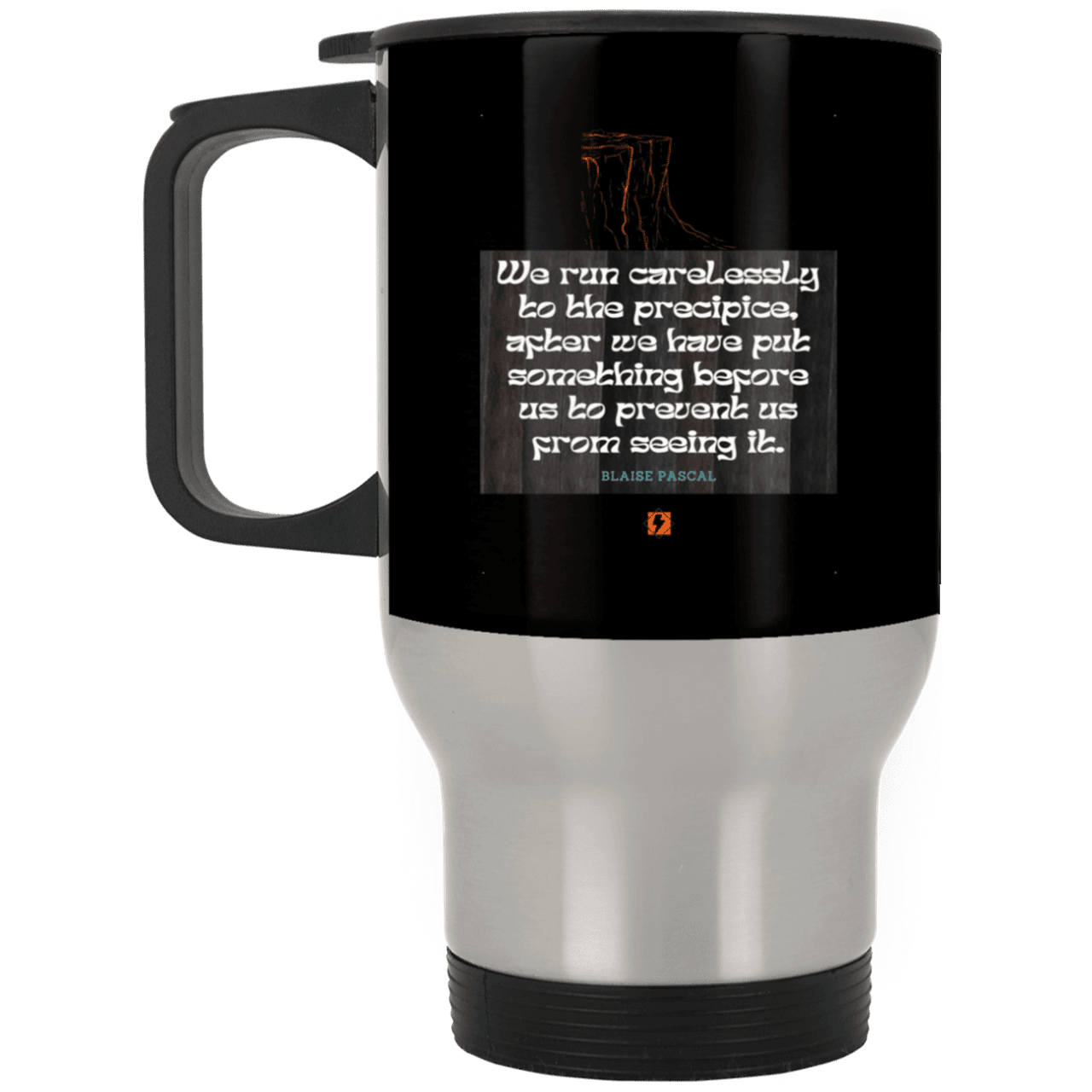 Steel Travel Mug with inspiring Pascal quote: BP117 - Making assumptions carry risks - Color: Silver Black