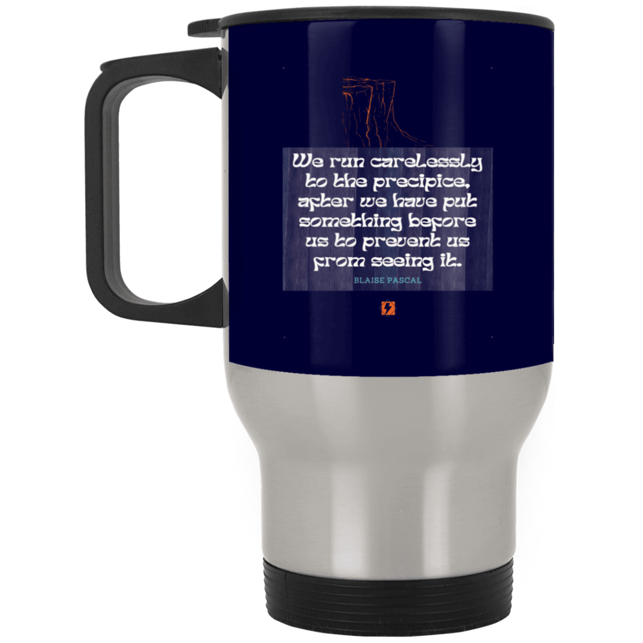 Steel Travel Mug with inspiring Pascal quote: BP117 - Making assumptions carry risks - Color: Silver Navy