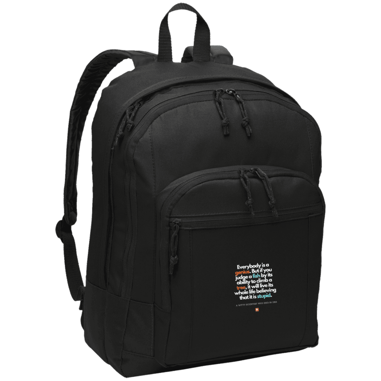 Student's Basic Backpack with inspiring Einstein quote: E103 - Everybody is a genius - Color: Black