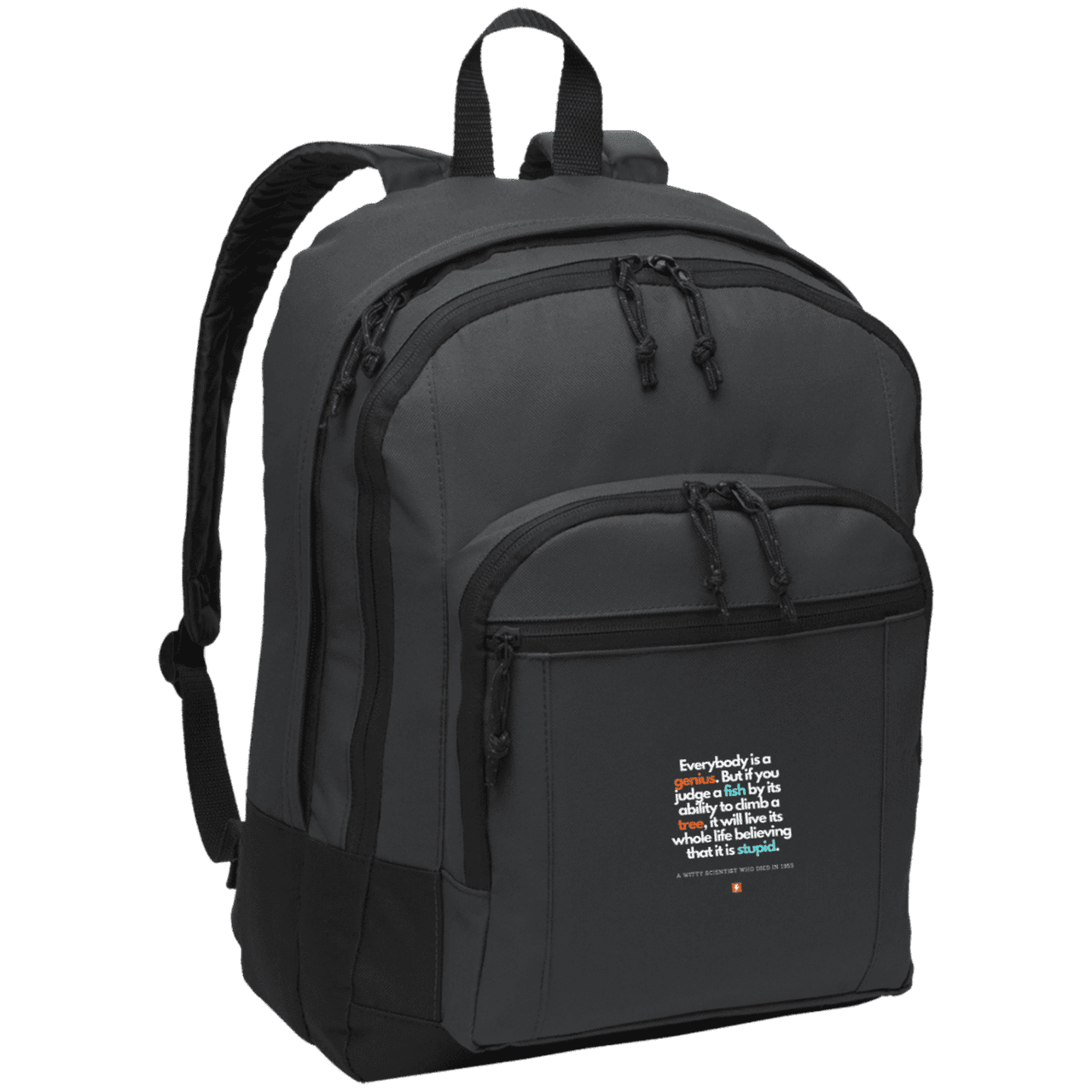 Student's Basic Backpack with inspiring Einstein quote: E103 - Everybody is a genius - Color: Dark Charcoal