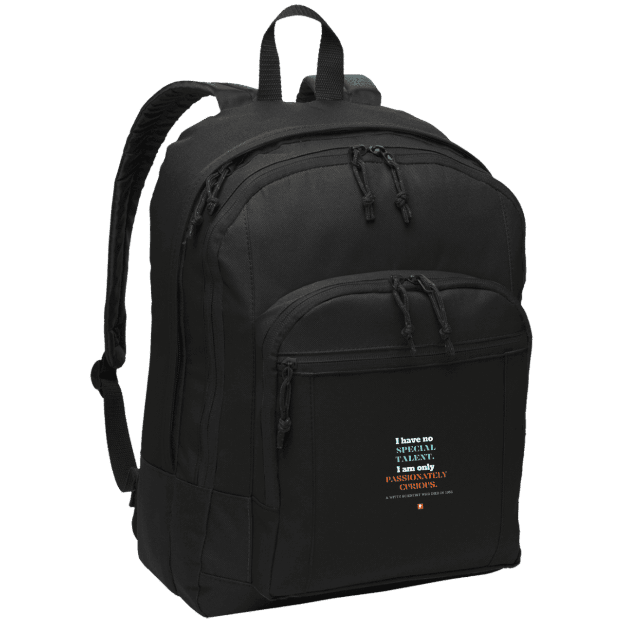 Student's Basic Backpack with inspiring Einstein quote: E105 - I am only passionately curious - Color: Black