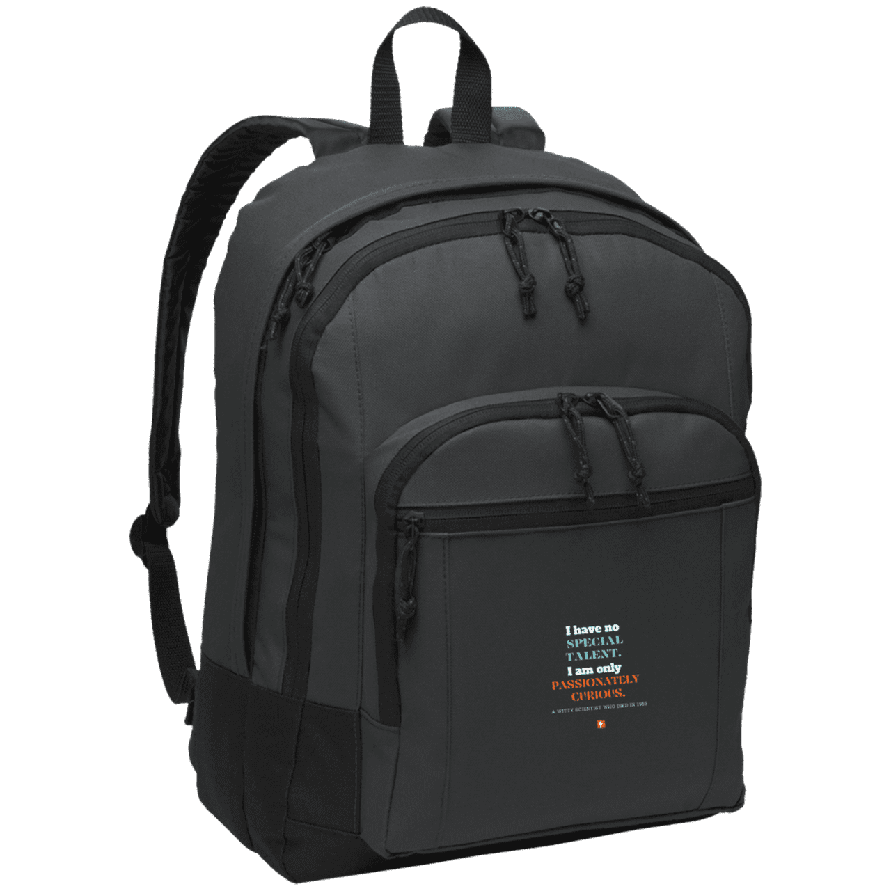 Student's Basic Backpack with inspiring Einstein quote: E105 - I am only passionately curious - Color: Dark Charcoal