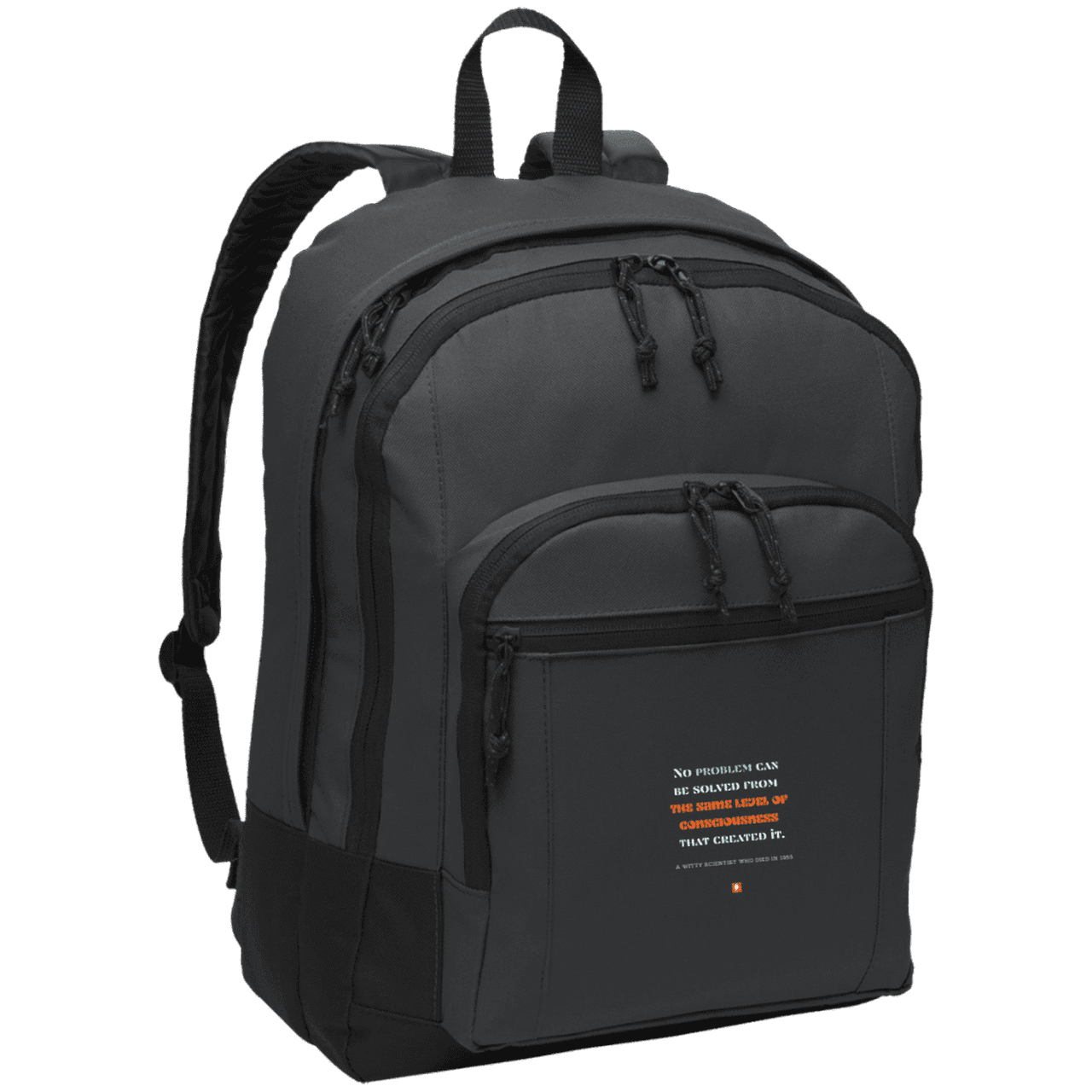 Student's Basic Backpack with inspiring Einstein quote: E111 - Problem solving needs fresh thinking - Color: Dark Charcoal