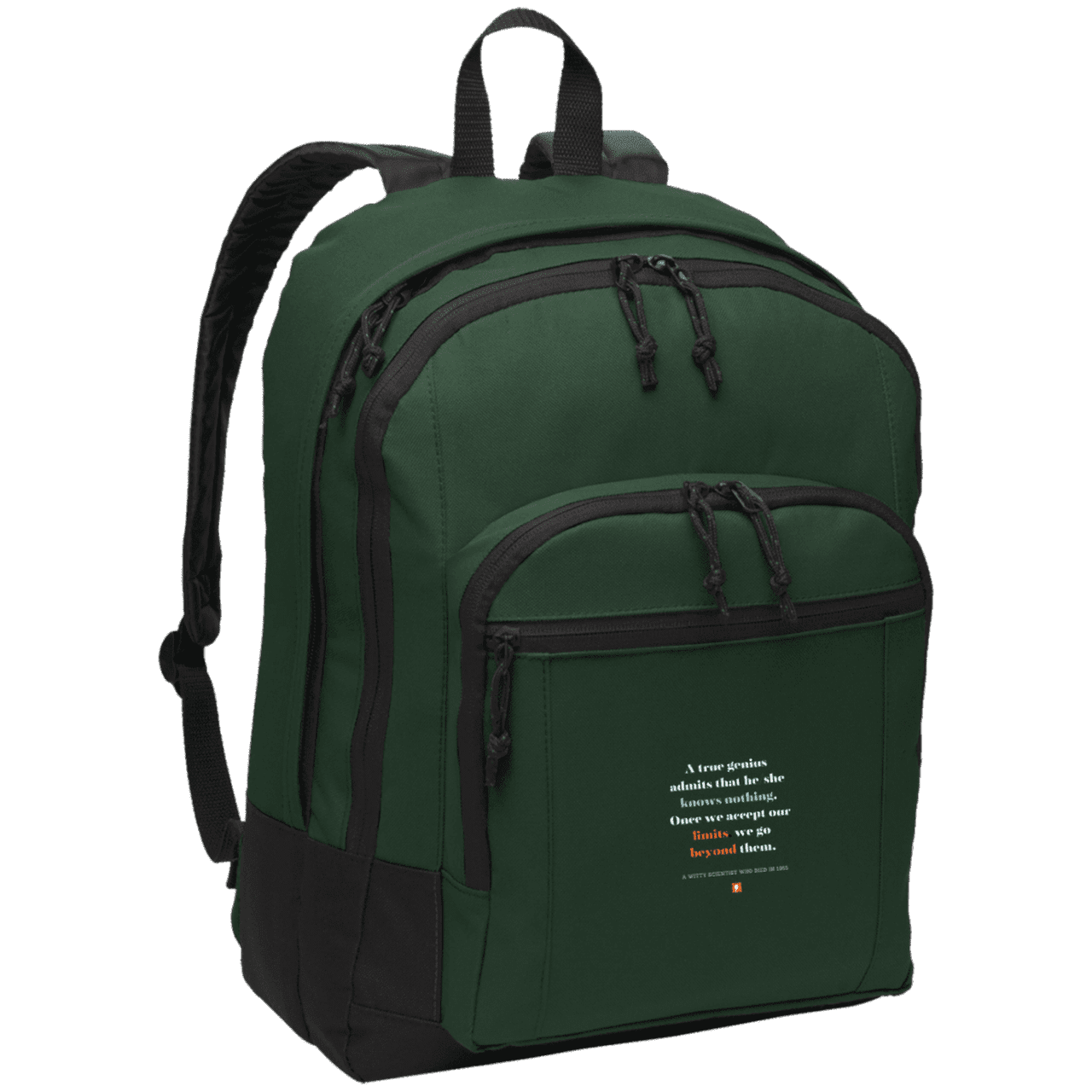 Student's Basic Backpack with inspiring Einstein quote: E119 - A genius is conscious of one's limits - Color: Forest Green