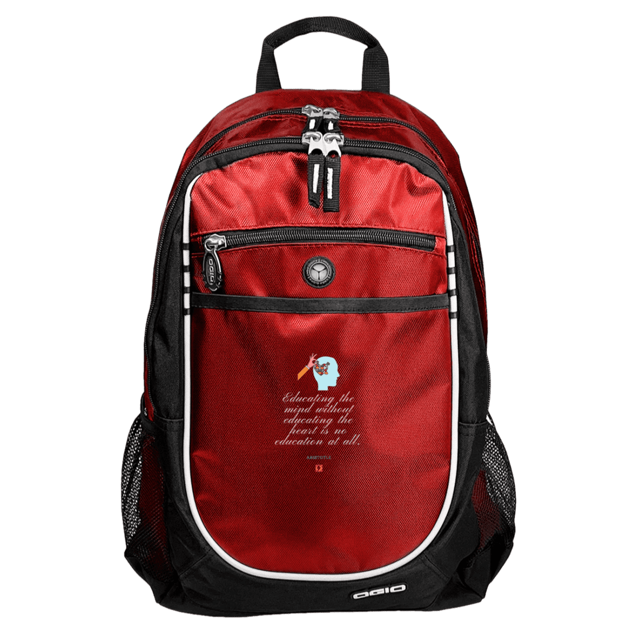 Student's Rugged Bookbag with inspiring Aristotle quote: A110 - Education must include the heart - Color: Red