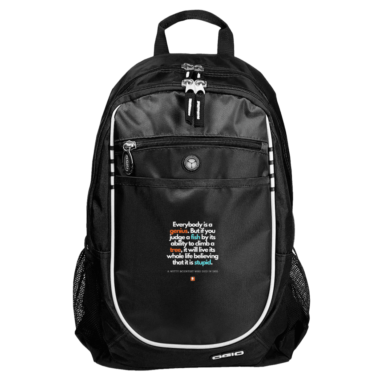 Student's Rugged Bookbag with inspiring Einstein quote: E103 - Everybody is a genius - Color: Black