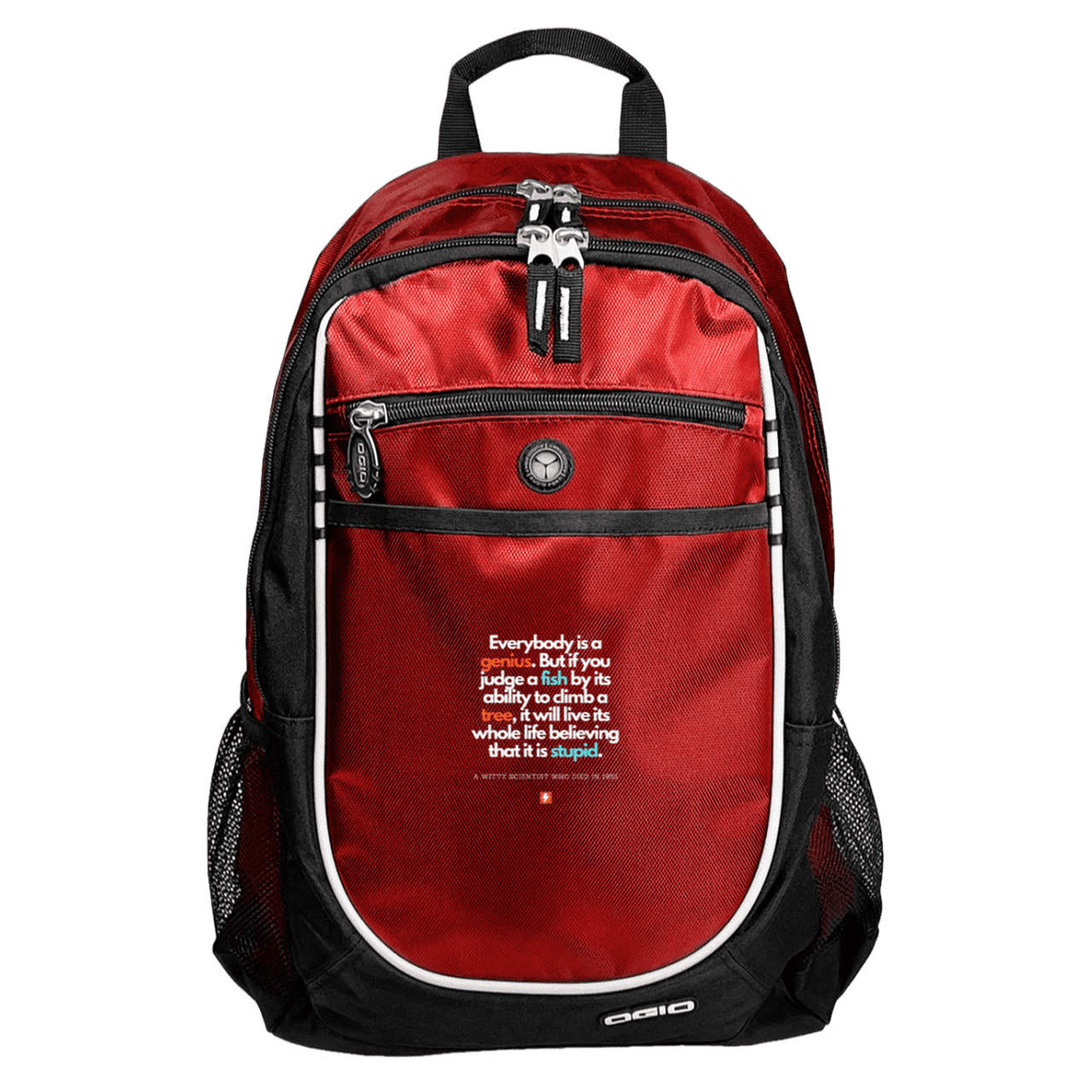 Student's Rugged Bookbag with inspiring Einstein quote: E103 - Everybody is a genius - Color: Red