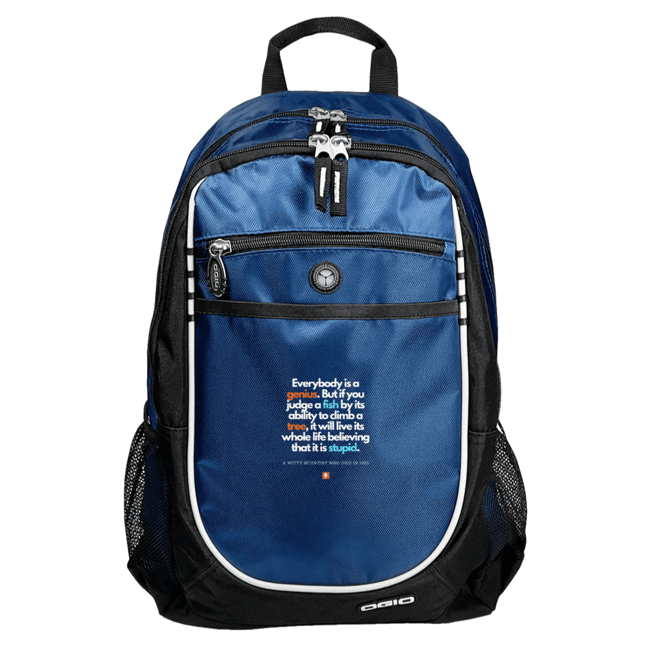 Student's Rugged Bookbag with inspiring Einstein quote: E103 - Everybody is a genius - Color: Royal