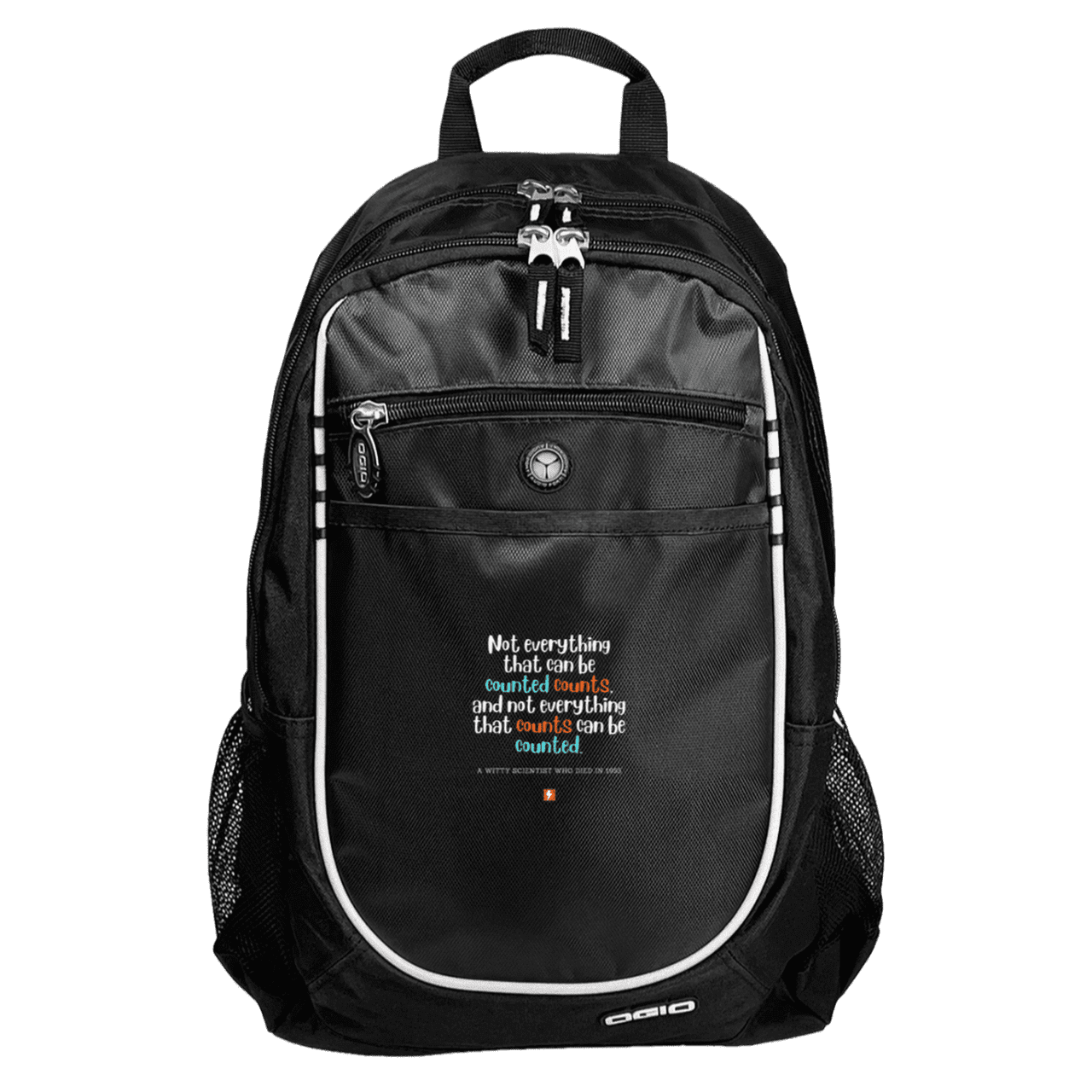 Student's Rugged Bookbag with inspiring Einstein quote: E104 - Not everything that can be counted counts - Color: Black