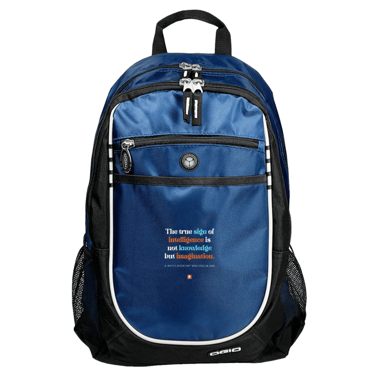 Student's Rugged Bookbag with inspiring Einstein quote: E106 - True sign of intelligence is imagination - Color: Royal