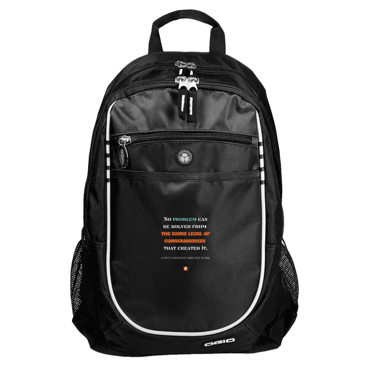 Student's Rugged Bookbag with inspiring Einstein quote: E111 - Problem solving needs fresh thinking - Color: Black