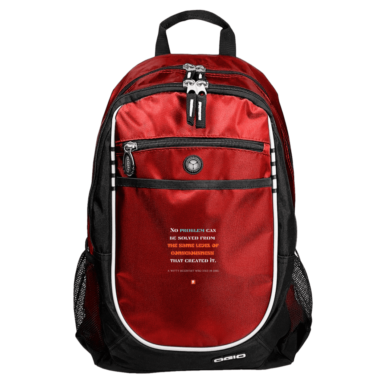 Student's Rugged Bookbag with inspiring Einstein quote: E111 - Problem solving needs fresh thinking - Color: Red