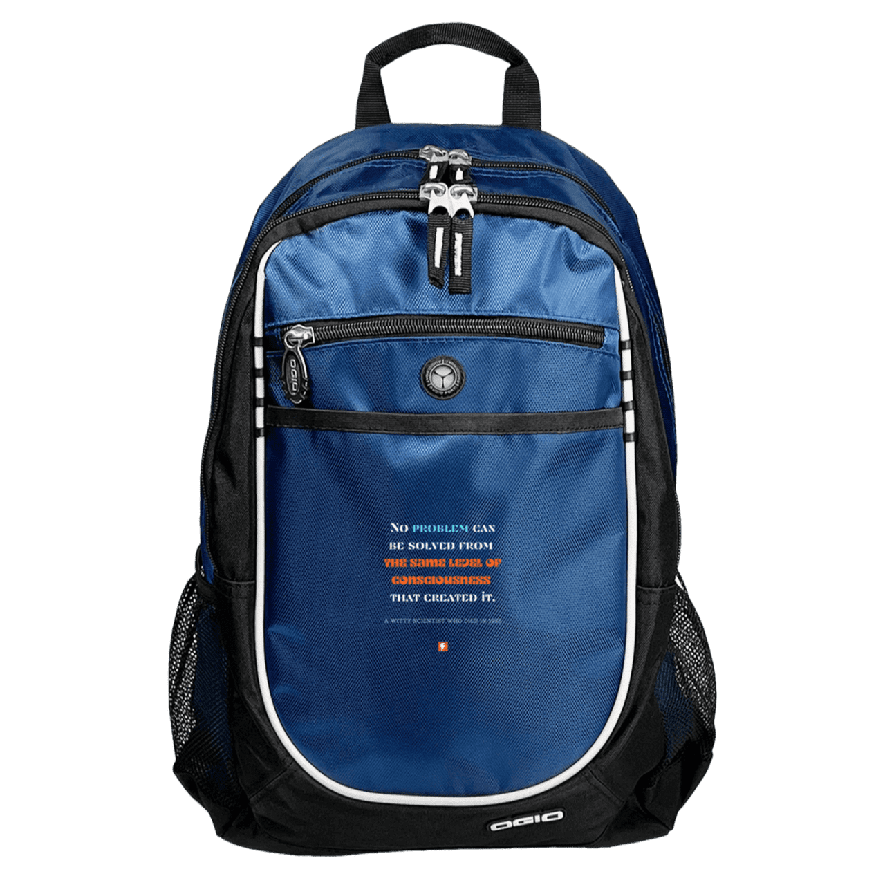 Student's Rugged Bookbag with inspiring Einstein quote: E111 - Problem solving needs fresh thinking - Color: Royal