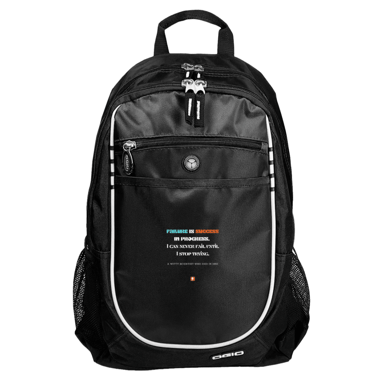 Student's Rugged Bookbag with inspiring Einstein quote: E112 - Failure is success in progress - Color: Black