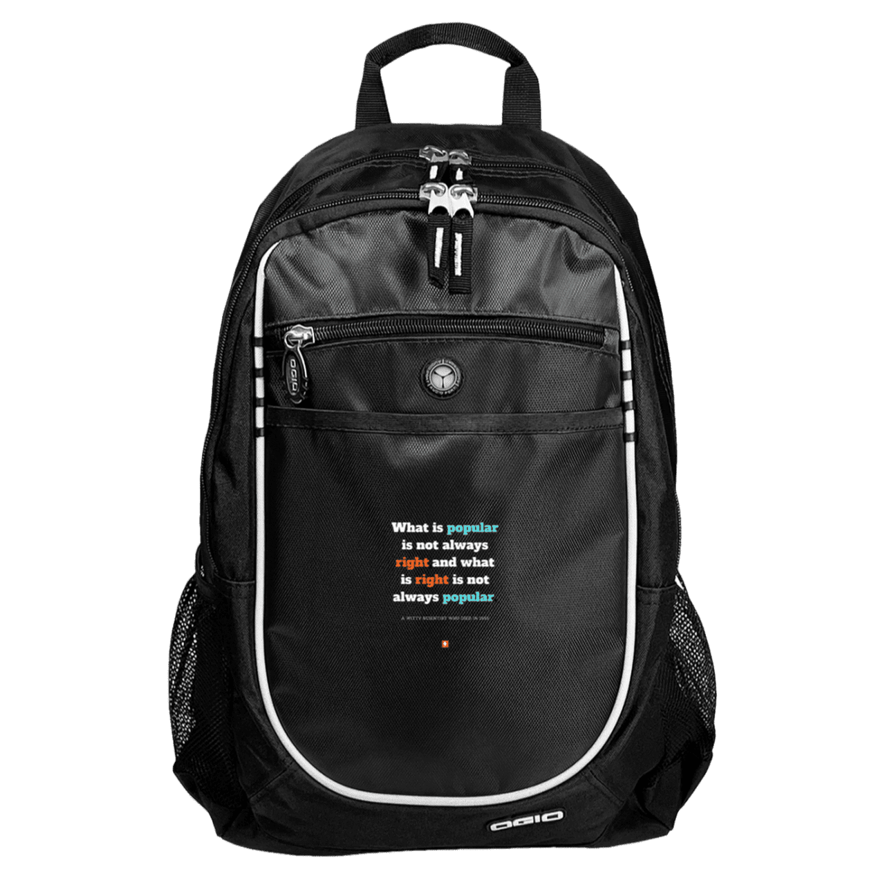 Student's Rugged Bookbag with inspiring Einstein quote: E114 - Popular and right are two different things - Color: Black